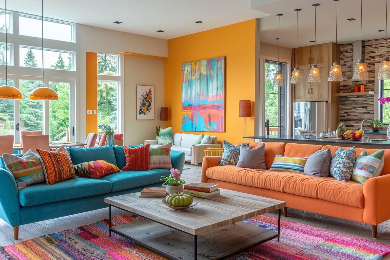 alt="Harmonisation des couleurs de peinture dans une maison ouverte éblouissante vue depuis les coulisses