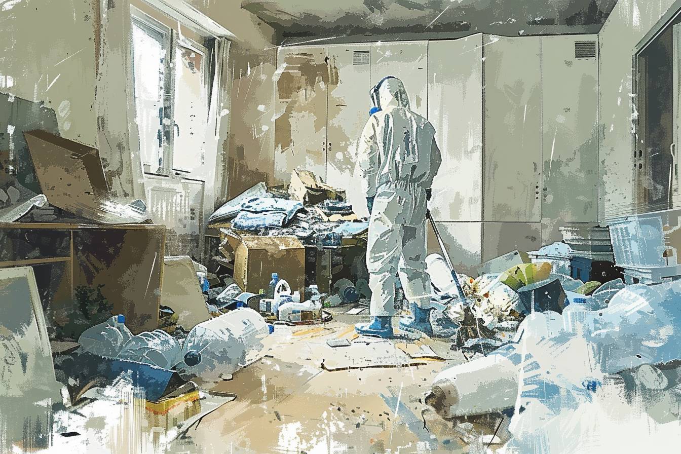 Équipe professionnelle en action lors d'un débarras de maison insalubre à Courbevoie, illustrant les étapes clés de rénovation et de purification